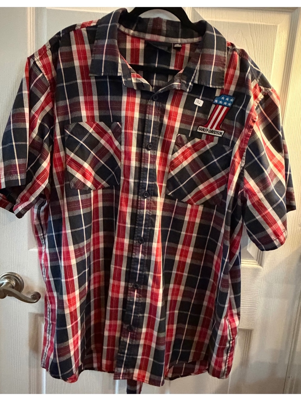 Harley-Davidson Men's 3XL Short Sleeve Plaid Shirt with Flag Patch